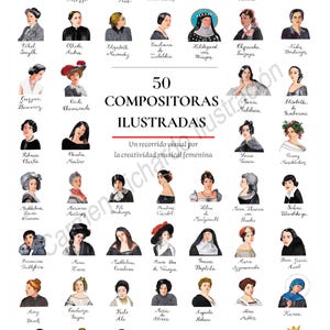 May include: An illustrated print featuring portraits of 50 female composers. The artwork includes names like Clara Schumann and Hildegard von Bingen, showcasing a diverse range of musical talents. The title reads "50 Illustrated Composers."