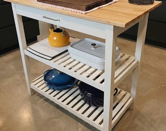 Kitchen Island with Solid Hardwood Top and Storage Shelves White 40 Inch