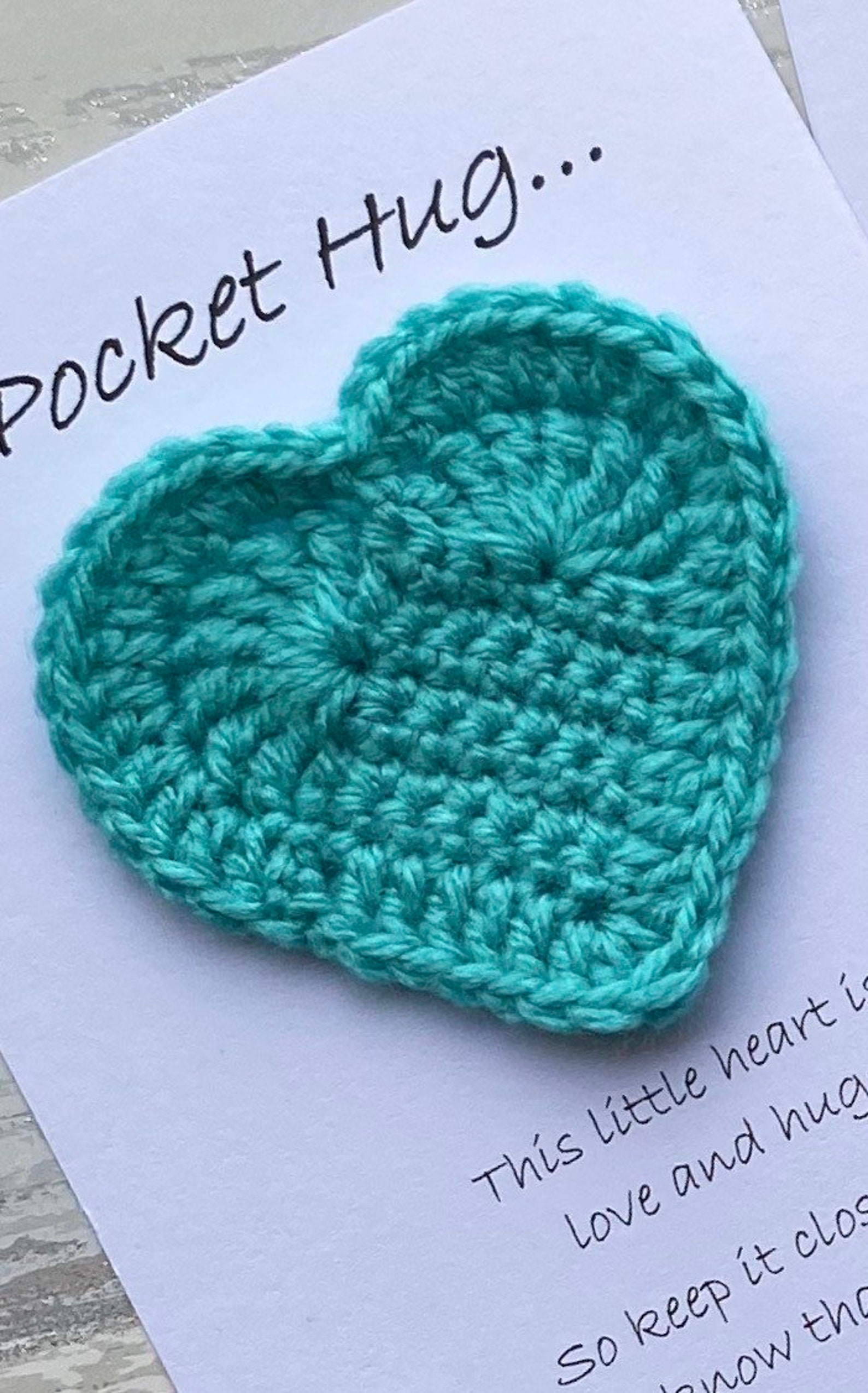 Handmade pocket hug crochet heart. Etsy