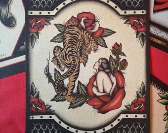 Traditional Woman/Tiger Tattoo Print, A4/A3 size.