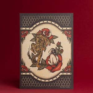Traditional Tattoo Style Print, A4/A3 size. Woman/Tiger Tattoo