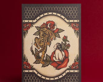Traditional Tattoo Style Print, A4/A3 size. Woman/Tiger Tattoo