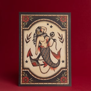 Traditional Mermaid Tattoo Print, A4 size