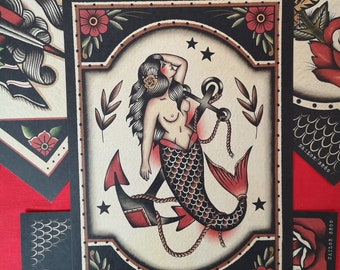 Traditional Mermaid Tattoo Print, A4 size