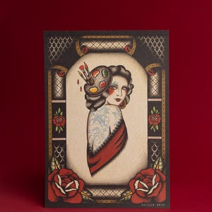 Traditional Woman Artist Tattoo print, A4/A3/A2 size.