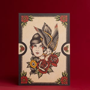 Traditional Woman/Eagle Tattoo Print, A4/A3 size.