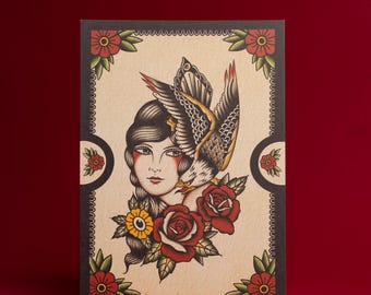 Traditional Woman/Eagle Tattoo Print, A4/A3 size.