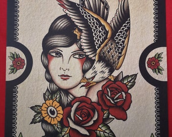 Traditional Woman/Eagle Tattoo Print, A4/A3 size.