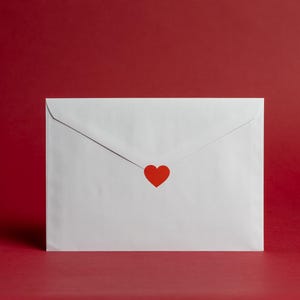 May include: A white envelope with a red heart sticker on a red background. The envelope is sealed and centered in the frame. The image has a clean, minimalist aesthetic, perfect for Valentine's Day or other romantic occasions.