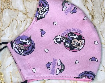 Unicorn Minnie Adjustable Fabric Face Mask, Washable and Reusable Face Covering