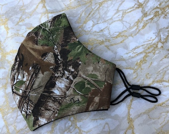 Tree Camo Adjustable Fabric Face Mask, Washable and Reusable Face Covering