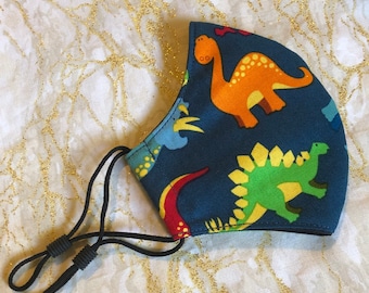 Boys Dinosaur Adjustable Fabric Face Mask, Washable and Reusable Face Covering, Kids Allergy Dust Mask