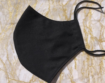 Solid Black Fully Adjustable Fabric Face Mask, Washable and Reusable Face Covering