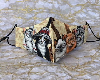 Cats Adjustable Fabric Face Mask, Washable and Reusable Face Covering, Adult Allergy Dust Mask