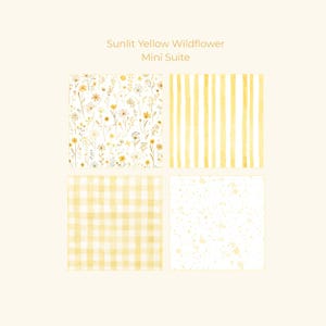 May include: A mini suite featuring four watercolor designs. The designs include a floral pattern, vertical stripes, a gingham pattern, and a speckled pattern. The color palette is primarily yellow and white, with the text "Sunlit Yellow Wildflower Mini Suite".