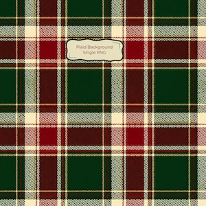 May include: A digital plaid pattern featuring a repeating grid of dark green, deep red, and cream-colored stripes. A central rectangular label with a scalloped border contains the text Plaid Background Single PNG in dark brown lettering.