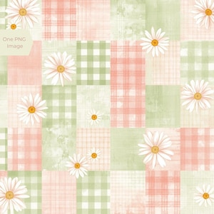 May include: A patchwork design with squares in pale green, peach, and white. The squares display gingham, plaid, and textured patterns. White daisies with yellow centres are scattered across the design, creating a floral and rustic aesthetic.
