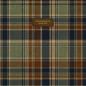 May include: A plaid pattern textile featuring intersecting lines in shades of dark navy blue, olive green, and warm brown. A brown rectangular label is centered on the fabric with the text Plaid Background Single PNG printed in white.