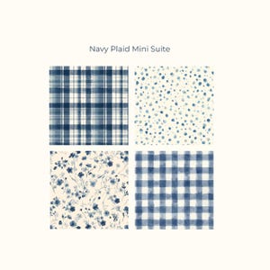 May include: Four fabric swatches with navy blue patterns. The patterns include a plaid, a polka dot design, a floral print, and a gingham check. The text "Navy Plaid Mini Suite" is at the top.