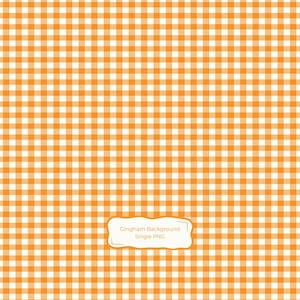 May include: A repeating orange and white gingham check pattern featuring a small, white, scalloped-edge rectangular label centered at the bottom with the text Gingham Background Single PNG printed in a simple, dark orange sans-serif font.