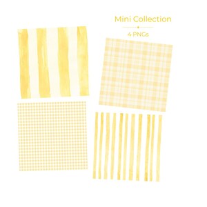 May include: A digital collection of four yellow and white patterned squares featuring the text Mini Collection 4 PNGs. The patterns include wide vertical stripes, a plaid grid, a small gingham check, and thin vertical stripes in watercolor style.