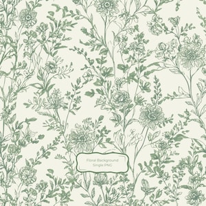 May include: A seamless pattern featuring detailed botanical illustrations of various wildflowers and foliage in a muted sage green ink on a cream-coloured background. A central rectangular label contains the text Floral Background Single PNG.