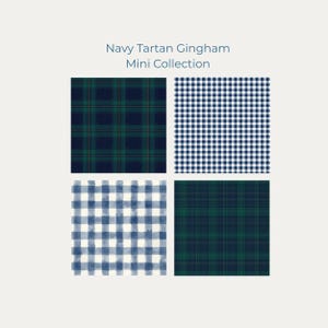 May include: A collection of four fabric swatches featuring navy blue and green tartan and gingham patterns. The top left and bottom right swatches display a classic tartan design. The top right swatch shows a navy and white gingham check, and the bottom left has a watercolor effect.
