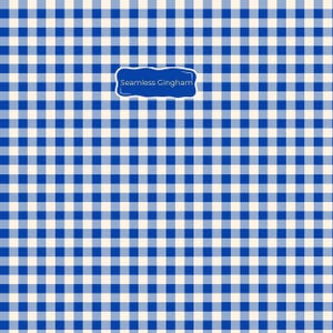 May include: A seamless gingham pattern featuring a repeating grid of vibrant blue and off-white squares. Centered in the upper portion of the image is a blue rectangular label with rounded corners containing the white text Seamless Gingham.