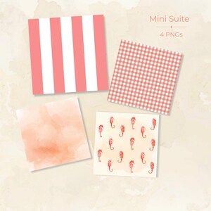 May include: Four square digital papers with various patterns. One paper has vertical pink and white stripes, another has a pink and white gingham pattern, a third has a watercolor wash, and the last features red seahorse illustrations. The text "Mini Suite" and "4 PNGs" is visible.