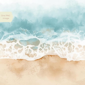 Könnte beinhalten: Aquarellmalerei einer Strandszene. Das Bild zeigt die Wellen des Ozeans, die an den Sandstrand branden. Das Wasser ist hellblau und der Sand hellbraun. Der Text "One PNG Image" befindet sich in der oberen linken Ecke.