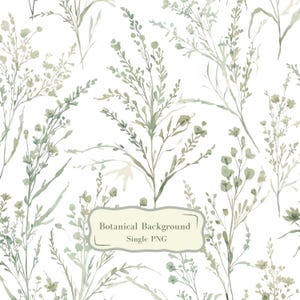 Könnte beinhalten: Ein Aquarell-Botanikhintergrunddesign mit einem sich wiederholenden Muster aus grünen und grauen Pflanzenillustrationen auf weißem Hintergrund. Das Bild enthält den Text "Botanical Background Single PNG".