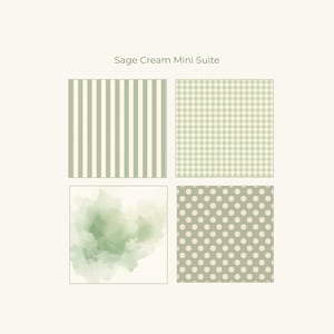 May include: A square image featuring four different patterns in sage green and cream. The patterns include vertical stripes, gingham, a watercolor wash, and polka dots. The text "Sage Cream Mini Suite" is at the top.