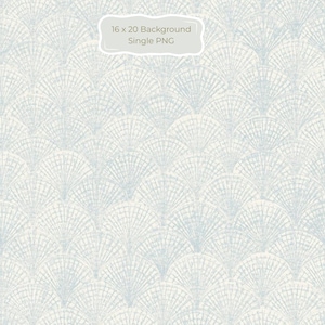 May include: A digital background featuring a repeating fan-shaped shell pattern in light blue and off-white. A central rectangular label contains the text 16 x 20 Background Single PNG. The design has a textured, hand-drawn appearance throughout.
