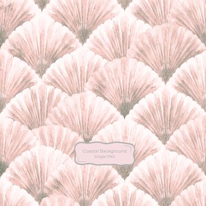 May include: A repeating pattern of fan-shaped seashells in soft blush pink and muted gray tones. The design features overlapping scallop shells with delicate radiating lines. A rectangular label in the center displays the text Coastal Background Single PNG.