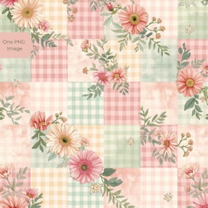 Fondo PNG de jardín de cabaña con cuadros escoceses de patchwork rosa salvia