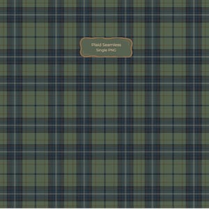 Puede incluir: Un patrón de cuadros sin costuras que presenta una cuadrícula repetitiva de líneas verde oscuro, azul marino y blanco fino sobre un fondo verde oliva apagado. Una etiqueta rectangular central contiene el texto Plaid Seamless Single PNG.