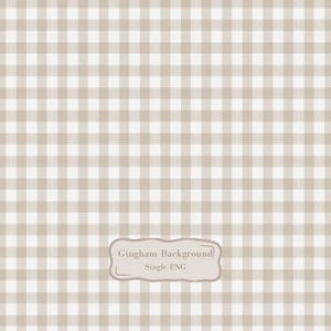 Op de afbeelding: Een digitale afbeelding met een herhalend lichtbeige en wit vichy-ruitpatroon. In het midden onderaan staat een lichtbeige, afgerond rechthoekig label met een donkere rand met de tekst Gingham Background Single PNG.
