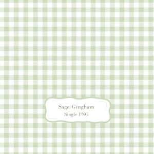 Puede incluir: Fondo de patrón de cuadros vichy verde salvia y blanco. La imagen presenta un patrón cuadrado repetitivo en una combinación de colores verde claro y blanco. El texto en un marco blanco decorativo dice "Sage Gingham Single PNG."