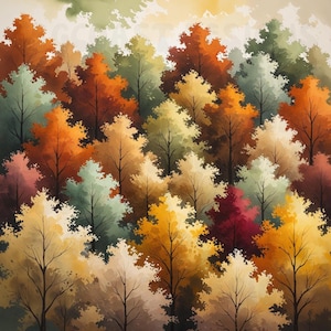 May include: A watercolour-style illustration of a dense forest featuring trees with autumn foliage in shades of orange, yellow, deep red, and muted green. The composition shows overlapping tree canopies with visible dark brown trunks and branches.