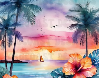 Aqua Pink Sunset Beach Hibiscus Coastal Scene Background PNG