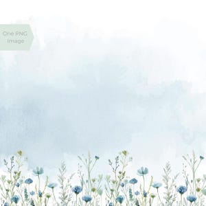 May include: Watercolor illustration featuring a field of blue and green wildflowers against a soft, light blue watercolor wash background. The image includes the text "One PNG Image" in a light green rectangle in the upper left corner.