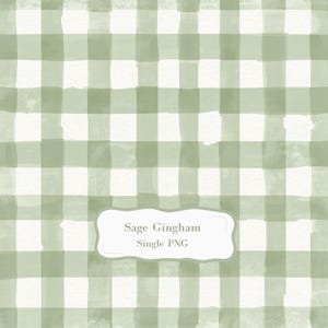 Puede incluir: Patrón de cuadros vichy verde salvia y blanco. El diseño de acuarela presenta una cuadrícula de líneas que se cruzan, creando un efecto a cuadros. El texto "Sage Gingham Single PNG" se muestra en un rectángulo blanco redondeado.
