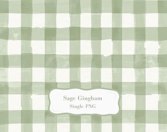 May include: A digital pattern featuring a sage green and white watercolor gingham check design. A white rectangular label with rounded corners is centered on the pattern, displaying the text Sage Gingham Single PNG in gray font.