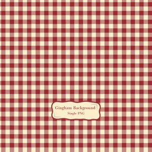 Puede incluir: Un fondo de patrón de cuadros vichy rojo y crema sin costuras. El patrón es un diseño de cuadros clásico, con cuadrados espaciados uniformemente. Una etiqueta en color crema con el texto "Gingham Background Single PNG" está en el centro inferior.