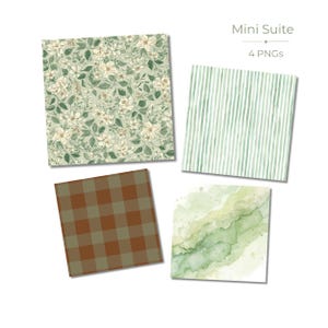 May include: A collection of four square digital papers. Designs include a floral pattern, vertical stripes, a plaid pattern, and a watercolor wash. The papers are in shades of green, brown, and white. The text "Mini Suite" and "4 PNGs" is visible.