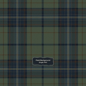 May include: A repeating plaid pattern featuring a muted olive green base with intersecting vertical and horizontal lines in dark navy blue, thin white, and subtle rust orange. A dark rectangular label displays the text Plaid Background Single PNG.