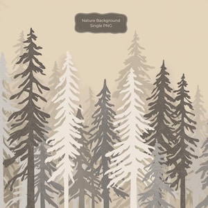 May include: A digital graphic illustration of a forest featuring multiple pine trees in varying shades of brown, beige, and cream. The image includes a dark rectangular label at the top with the text Nature Background Single PNG.
