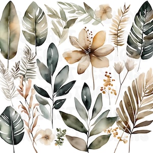 May include: A collection of watercolour botanical illustrations featuring various leaves, ferns, and flowers in shades of sage green, muted brown, and cream. The set includes large tropical leaves, delicate sprigs, and a central blooming flower.
