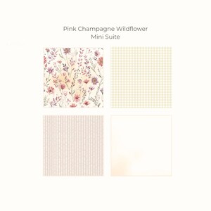 May include: A mini suite featuring four different patterns. The top left pattern is a floral design with pink and purple wildflowers. The top right pattern is a light yellow gingham. The bottom left pattern is a light pink striped design. The bottom right pattern is a solid light peach color. The text "Pink Champagne Wildflower Mini Suite" is at the top.