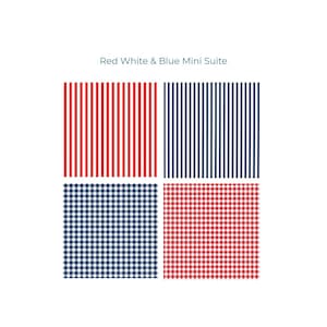 May include: A square image featuring four distinct fabric patterns in red, white, and blue. Two patterns are vertical stripes, one red and one navy. The other two are checkered, one navy and white, and the other red and white. Text at the top reads "Red White & Blue Mini Suite."